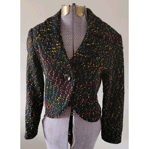 Vtg J'Envie Women's Crop Jacket Blazer Black Multicolor Confetti Collared Sz 2